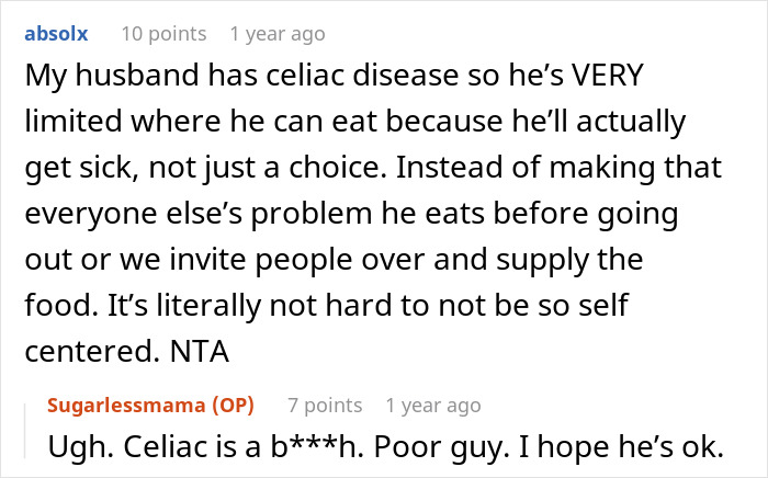 Reddit comment discussing a husband&rsquo;s celiac disease and challenges managing dietary restrictions in social situations.