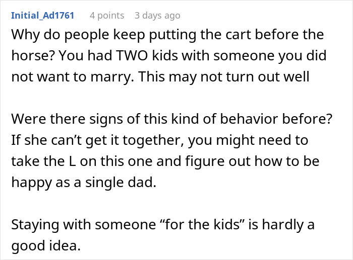 Screenshot of forum comments about parenting and breakup, man feels like his GF's ATM