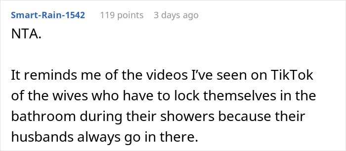 Red flags: Reddit comment reading NTA and comparing to TikTok videos of wives locking themselves in bathroom