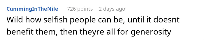 Screenshot of an online comment about selfishness with teen and stepsister support in a family money conflict discussion.