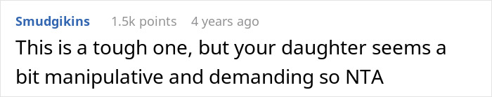 Reddit comment screenshot about a manipulative daughter, saying NTA and noting a selfish lady ignoring adopted family.