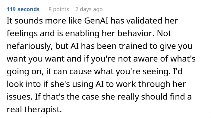 Comment discussing fianc&eacute;e&rsquo;s obsession with bully and the impact of AI on her behavior and emotions.