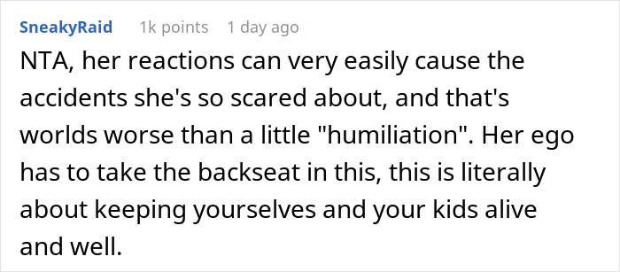 Comment text discussing how a wife&rsquo;s anxiety meltdown puts them at risk, leading the husband to ban her from the front seat.