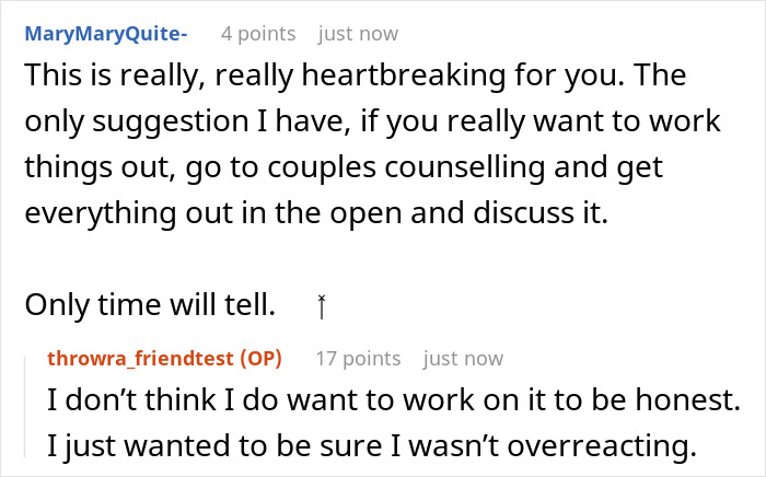 Screenshot of an online conversation discussing the consequences of a friend catfishing a married woman causing marriage issues.