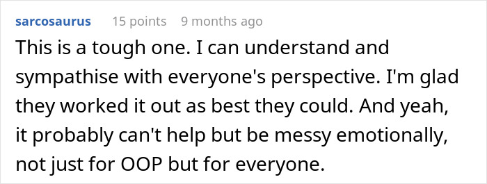 Comment text about emotional struggle and perspective, relating to man torn between husband and mother-in-law.