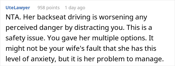 Screenshot of a Reddit comment discussing anxiety meltdown risks and front seat driving safety in a husband and wife situation.