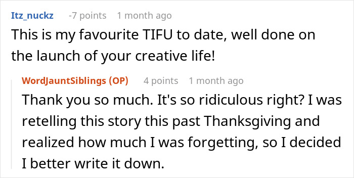 Screenshot of an online comment thread discussing a creative life launch related to a restaurant and a snarky letter pitch.