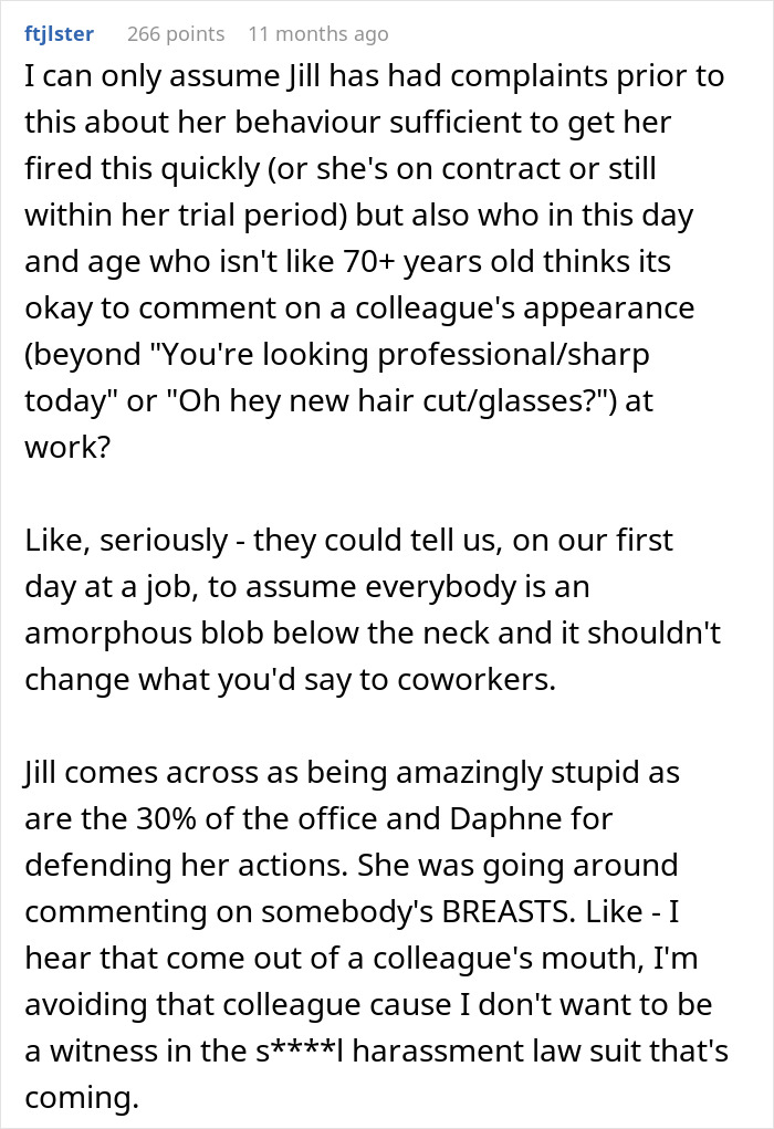 Screenshot of a Reddit comment discussing workplace behavior and reactions to a coworker's inappropriate remarks about appearance.