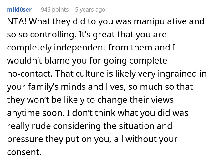 Screenshot of a Reddit comment discussing manipulation and control related to arranged marriage culture in India.