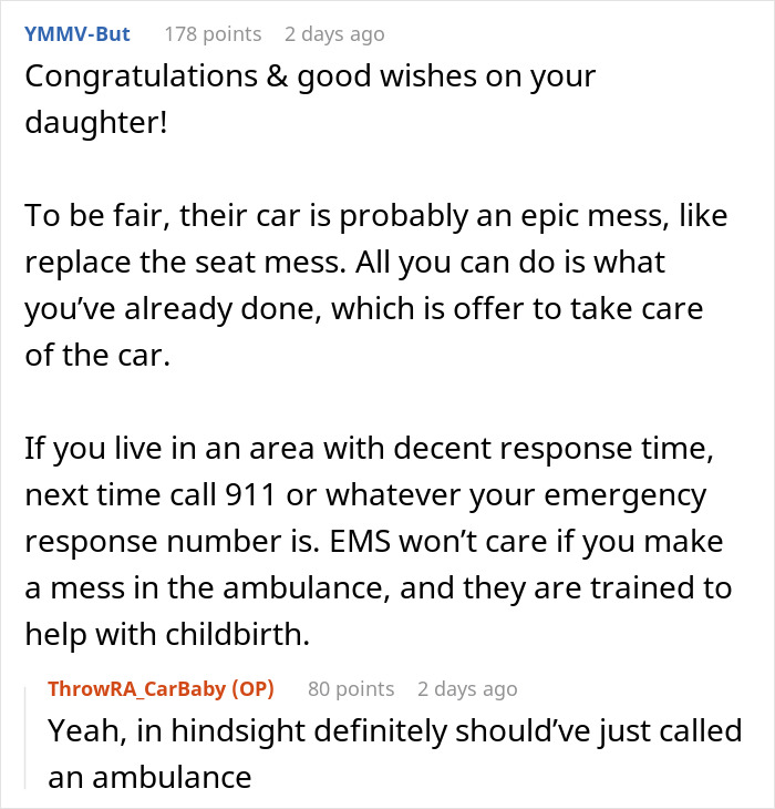 Reddit comments discussing a woman giving birth in a friend&rsquo;s car and the aftermath of being ignored by them.