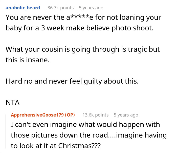Reddit user discusses cousin with cancer wanting to borrow baby to experience motherhood, calling the request really creepy.