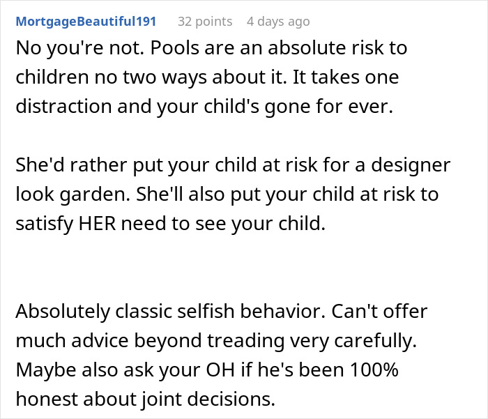 Comment warning about pool dangers and selfish behavior risking grandchild’s safety, leading to in-laws banned from babysitting. Comment warning about pool dangers and selfish behavior risking grandchild’s safety, leading to in-laws banned from babysitting.
