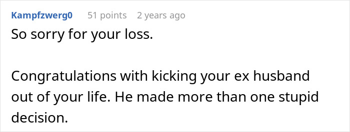 Comment text on a forum expressing sympathy and support for a wife dealing with husband and in-laws&rsquo; rudeness and divorce discussions.