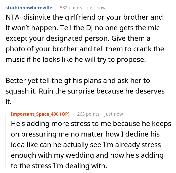 Reddit discussion about a guy’s proposal idea at sister’s wedding causing stress with bridezilla reaction. Reddit discussion about a guy’s proposal idea at sister’s wedding causing stress with bridezilla reaction.