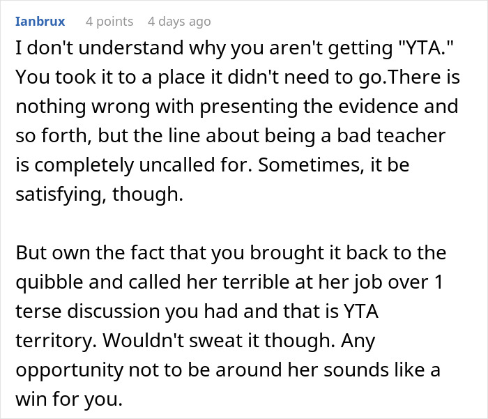 Comment discussing a teacher getting schooled by a kid and his dad putting her in her place in a forum post.