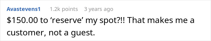 Screenshot of an online comment about reserving a spot, reflecting a discussion around a bridezilla family meeting scenario.