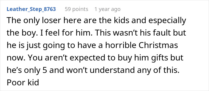 Comment expressing sympathy for a boy receiving fewer Christmas presents than his half-sister from a distant dad. Comment expressing sympathy for a boy receiving fewer Christmas presents than his half-sister from a distant dad.