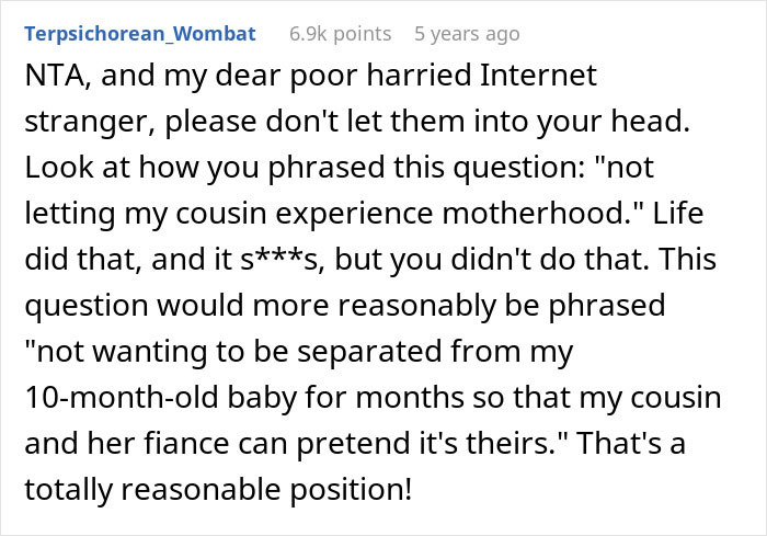 Screenshot of a Reddit comment discussing a cousin with cancer wanting to borrow a baby to experience motherhood.