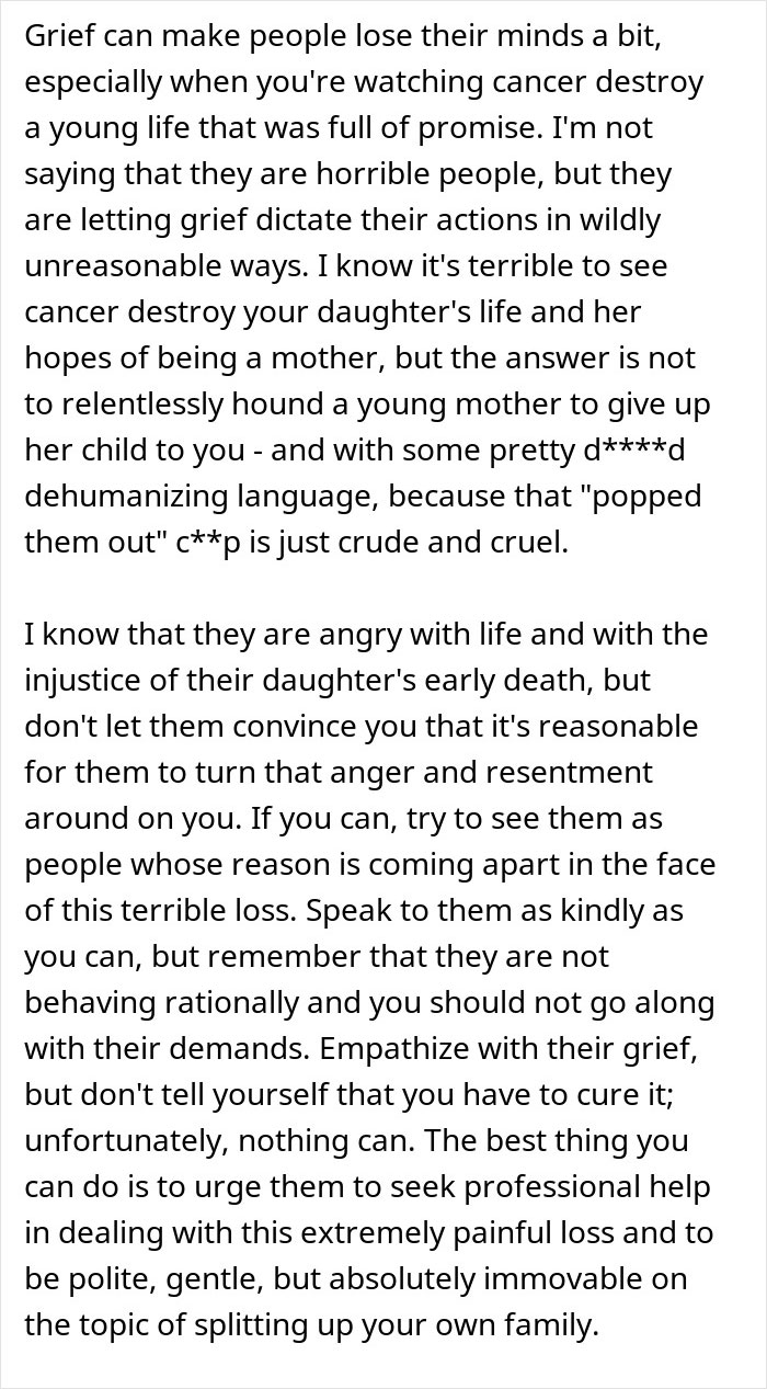 Text discussing grief and unreasonable demands from a cousin with cancer wanting to borrow a baby to experience motherhood.