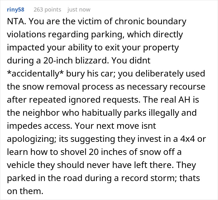 Comment criticizing snowing neighbours illegally parked car during a heavy blizzard, causing blocked exit from property. Comment criticizing snowing neighbours illegally parked car during a heavy blizzard, causing blocked exit from property.