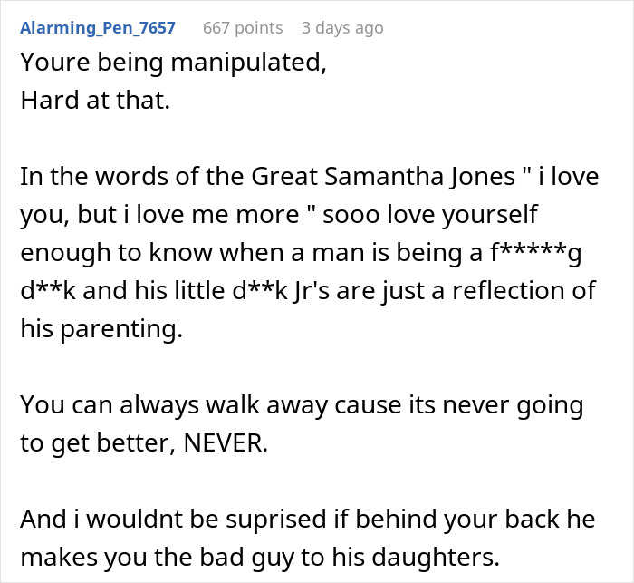 Comment discussing manipulation and toxic parenting in a viral conversation about stepdaughters&rsquo; gift pushing woman to her limits.
