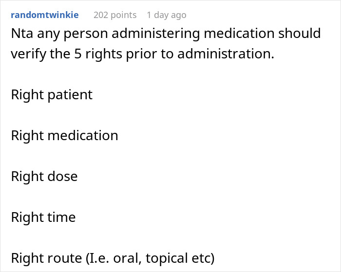 Reddit comment emphasizing verification of the five rights in medication administration by a parent of twins refusing to alter their similarity. Reddit comment emphasizing verification of the five rights in medication administration by a parent of twins refusing to alter their similarity.