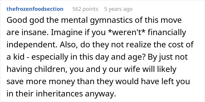 Reddit comment discussing man&rsquo;s parents trying to guilt-trip couple into having kids and threatening disinheritance.