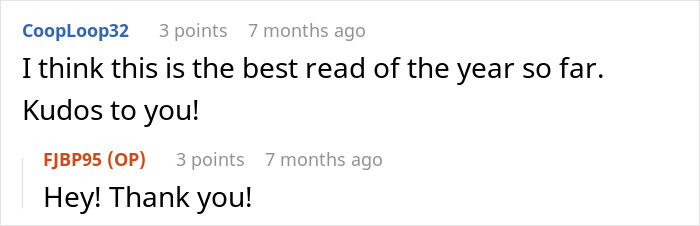 Reddit user expressing appreciation for a story about a boss suspending a waiter to teach a lesson.