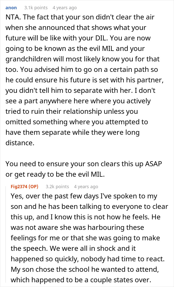 Comments discussing a mom urging son not to marry girlfriend after high school and the resulting grudge from the fiancée. Comments discussing a mom urging son not to marry girlfriend after high school and the resulting grudge from the fiancée.