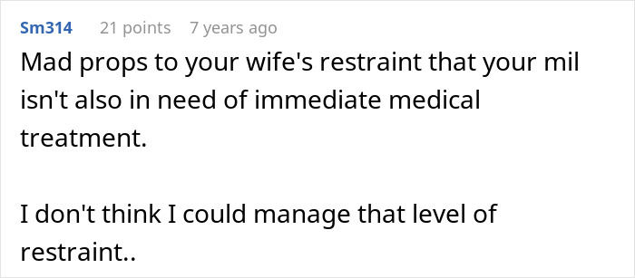 Comment about a man suffering from cancer and difficulties with his mother-in-law, highlighting restraint and medical treatment.