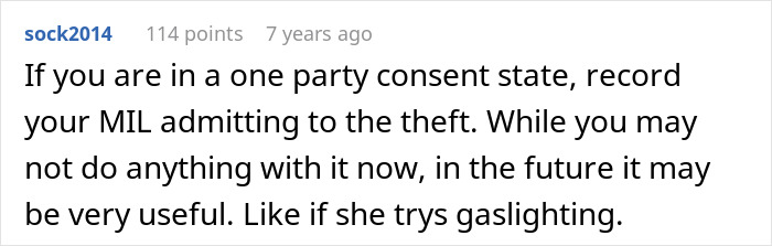 Comment discussing recording a MIL admitting to theft, highlighting issues related to MIL and potential gaslighting behavior.