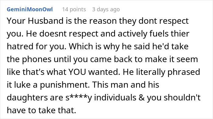 Text comment about husband fueling stepdaughters&rsquo; disrespect, pushing woman to her limits, sparking viral conversation.