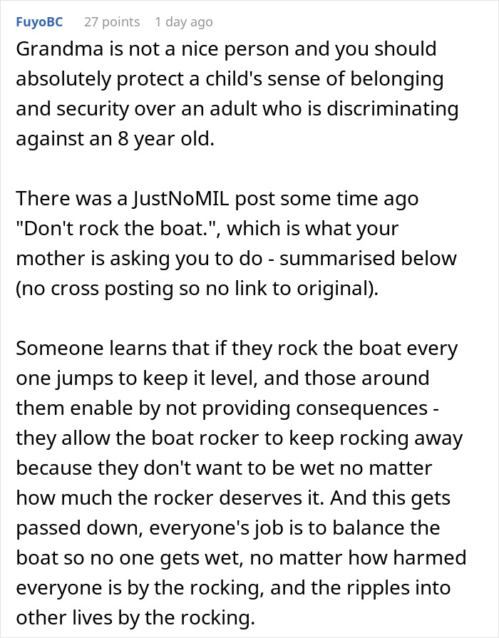 Comment discussing protecting a child's sense of belonging and the family conflict involving a grandma and stepson.