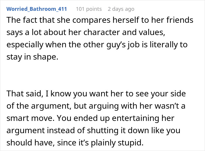 Comment about woman demanding swimmer boyfriend look like friend&rsquo;s partner, discussing character and argument outcome.