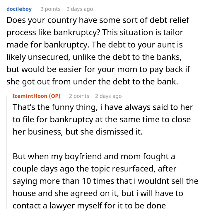 User comments discussing a mom in $37K debt shocked when daughter refuses to sell inherited home to help her. User comments discussing a mom in $37K debt shocked when daughter refuses to sell inherited home to help her.