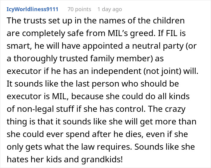 Screenshot of Reddit comment about a greedy mom and inheritance plans, trusts and executor concerns