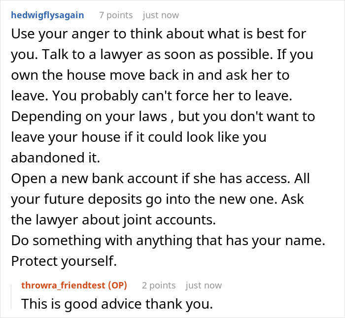 Screenshot of an online forum discussing legal and financial advice for married women affected by friend catfishing incidents.