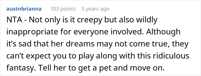 Screenshot of a Reddit comment discussing how lending a baby to a cousin with cancer to experience motherhood feels creepy and inappropriate.