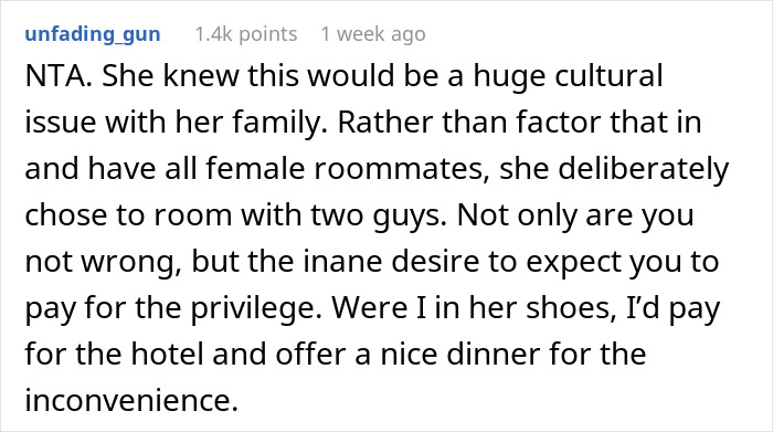 Comment text from a user discussing a guy refusing to pay for a hotel to help his roommate lie to her conservative family.