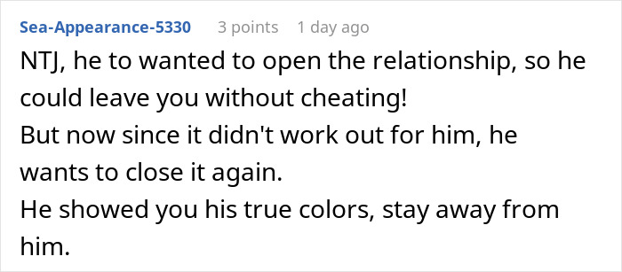 Screenshot of a text comment discussing a man's plan to open relationship to date younger coworker that backfires when she&rsquo;s uninterested.