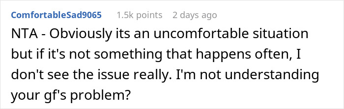 Comment discussing an uncomfortable situation where a guy hears his roommate moan and his girlfriend reacts strongly.