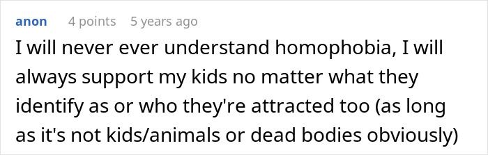 Screenshot of a forum comment expressing support for LGBTQ+ kids and condemning homophobia.