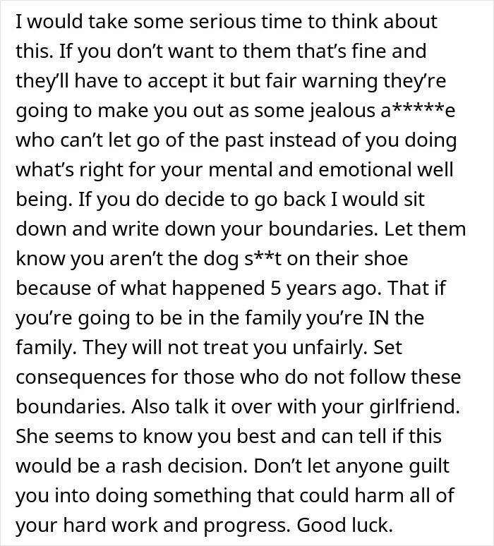 Alt text: Family decides to forgive man for beating his brother 5 years ago but he dislikes their tone and boundaries advice.