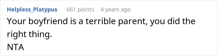 Comment from user Helpless_Platypus saying your boyfriend is a terrible parent, supporting eviction in a text discussion.