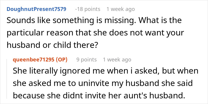 Reddit conversation about woman banning best friend&rsquo;s baby and husband from engagement party causing friendship fallout.