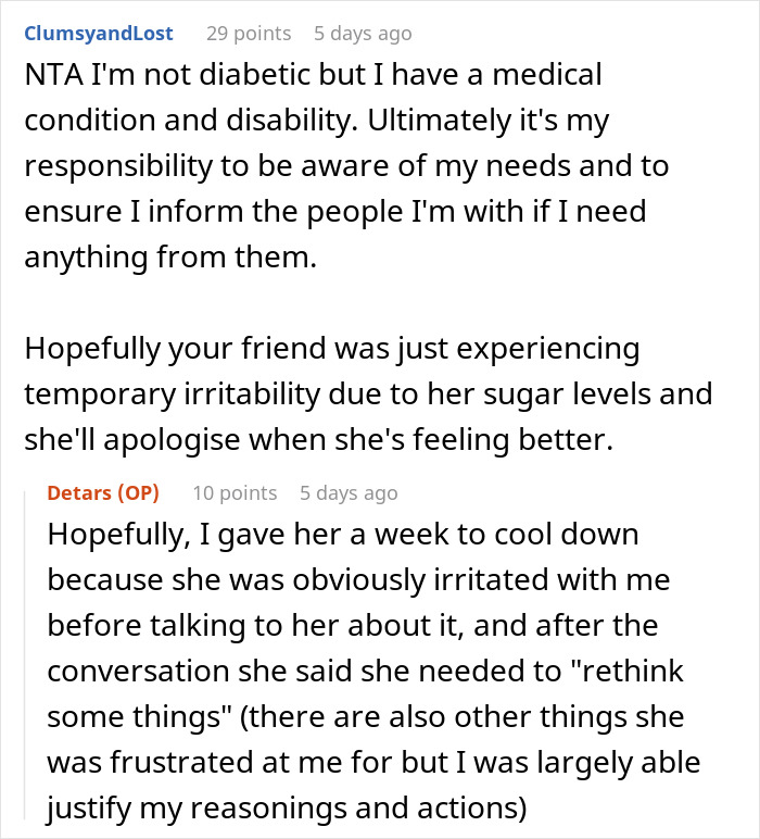 Screenshot of an online discussion about a woman mad at friend for taking her on a walking trip without warning, mentioning diabetes.