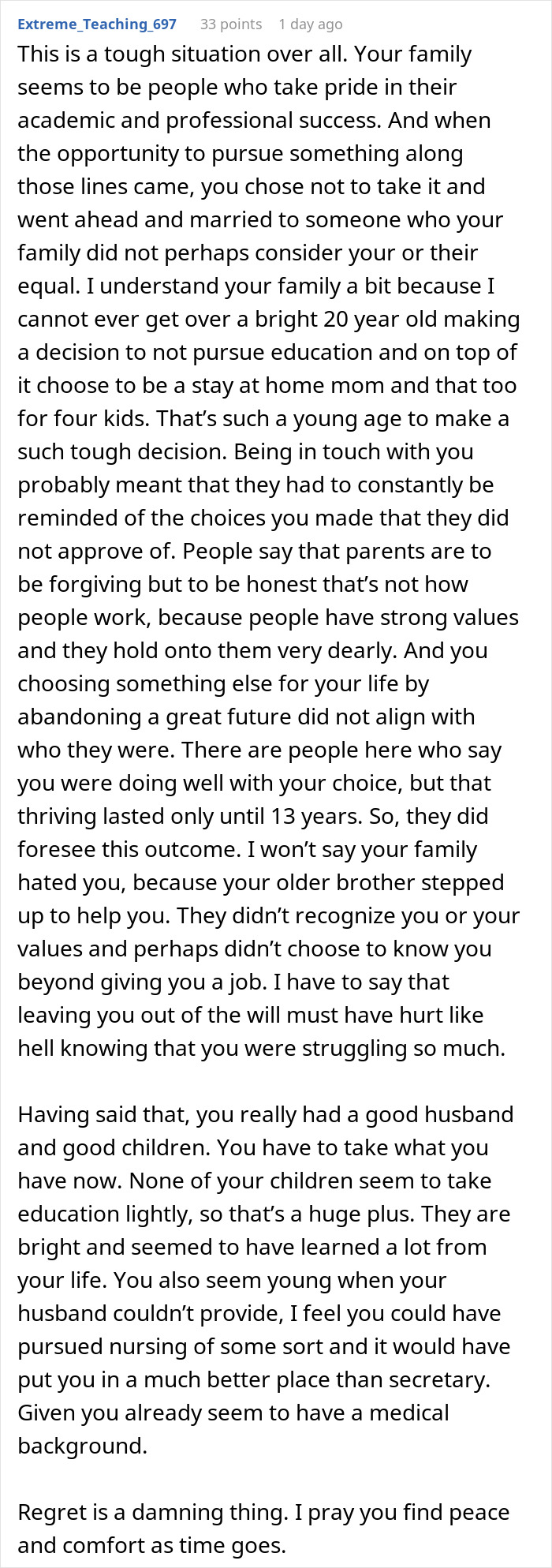 Comment discussing a woman disowned for marrying a mechanic, while her rich siblings thrive and she struggles at 55.