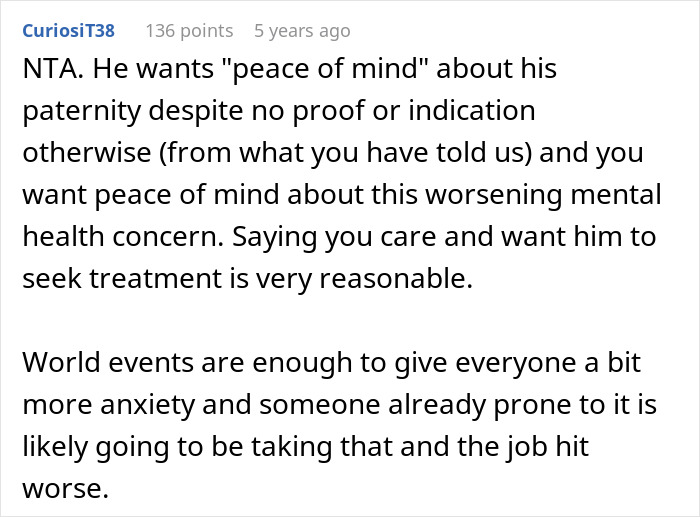 Comment discussing a man demanding paternity test for 3-year-old son and wife suggesting therapy instead.