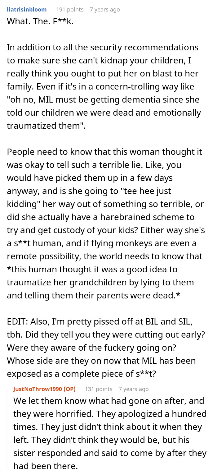 Comment discussing a MIL who falsely told kids their parents passed away, causing emotional trauma and distrust.