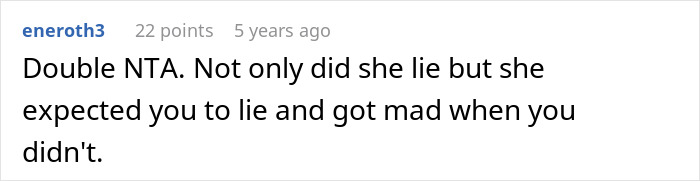 Guy embarrasses wife &mdash; screenshot of Reddit comment reading Double NTA, saying she lied and got mad when he didn't